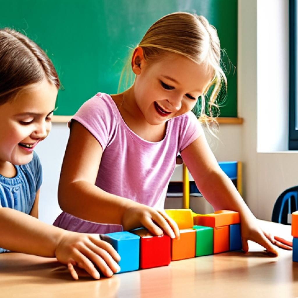**Image of children playing with colorful blocks:** "A group of young children happily playing with bright, colorful building blocks in a sunny classroom, fostering creativity and shape recognition."