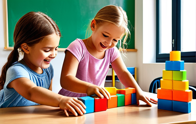 **Image of children playing with colorful blocks:** "A group of young children happily playing with bright, colorful building blocks in a sunny classroom, fostering creativity and shape recognition."