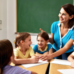 **

A friendly teacher interacting with young students in a classroom setting. The teacher is smiling and engaging with the children, creating a welcoming atmosphere. Consider elements that represent fun activities and learning.

**