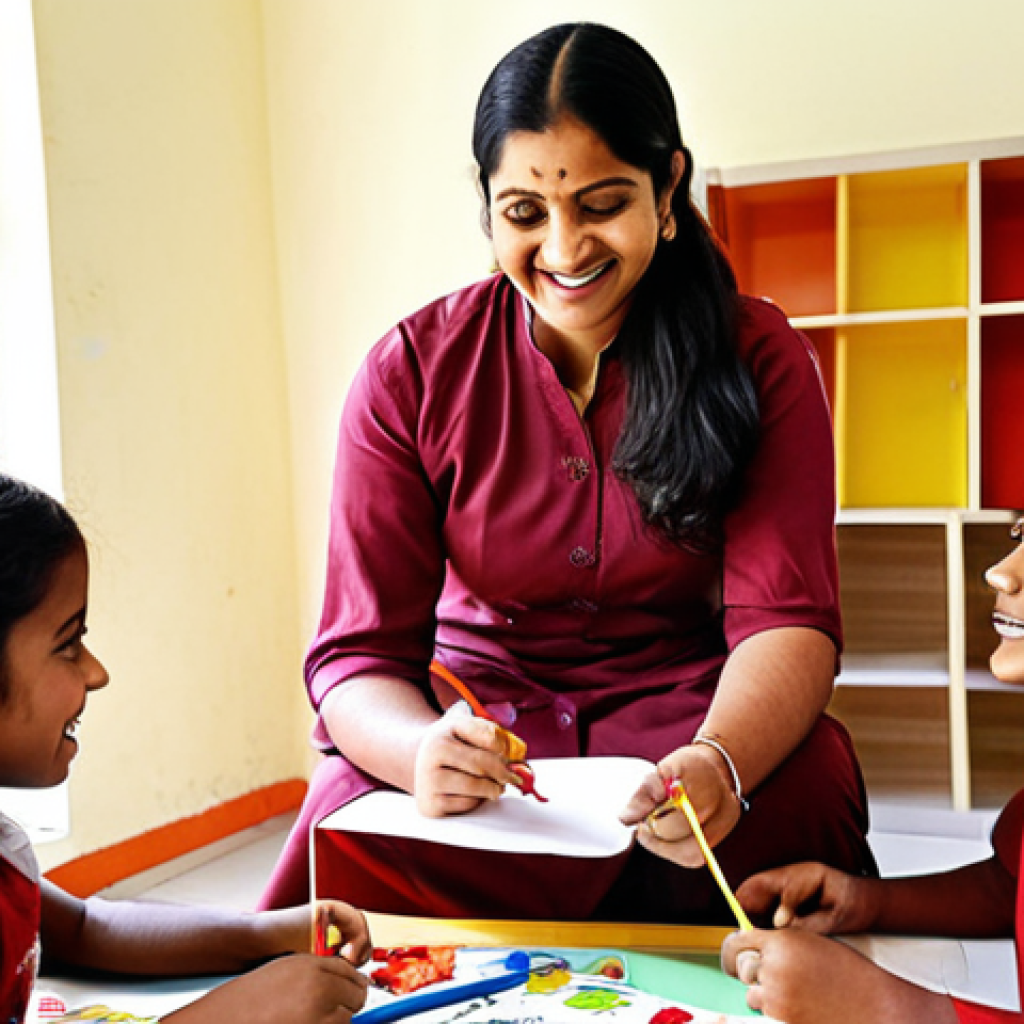 A warm and inviting scene inside a vibrant preschool classroom. A confident and empathetic Bengali female teacher, dressed in professional yet comfortable attire, is engaging at eye-level with a small group of diverse Bengali children. One child is excitedly showing her a drawing, while others are happily involved in play-based learning activities like building with colorful blocks or playing with educational toys. The atmosphere is filled with natural light, showcasing the joy of learning and the strong, genuine connection between the teacher and the children, emphasizing the importance of practical experience and emotional understanding.