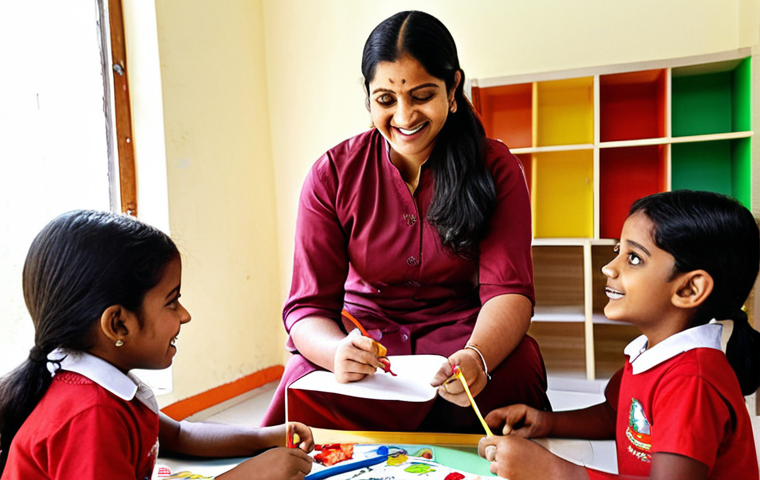 A warm and inviting scene inside a vibrant preschool classroom. A confident and empathetic Bengali female teacher, dressed in professional yet comfortable attire, is engaging at eye-level with a small group of diverse Bengali children. One child is excitedly showing her a drawing, while others are happily involved in play-based learning activities like building with colorful blocks or playing with educational toys. The atmosphere is filled with natural light, showcasing the joy of learning and the strong, genuine connection between the teacher and the children, emphasizing the importance of practical experience and emotional understanding.