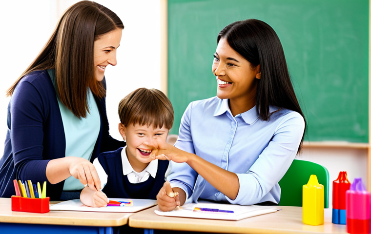 A professional young female teacher in a modest business dress, fully clothed, appropriate attire, warmly interacting with a diverse group of young children (preschool age) in a brightly lit, organized classroom. Children are engaged in various educational activities like drawing with crayons or playing with colorful building blocks at small tables. The teacher is smiling and demonstrating warmth, creating a nurturing and joyful learning environment. Perfect anatomy, correct proportions, natural pose, well-formed hands, proper finger count, natural body proportions, professional photography, high quality, ultra-detailed, safe for work, appropriate content, family-friendly.
