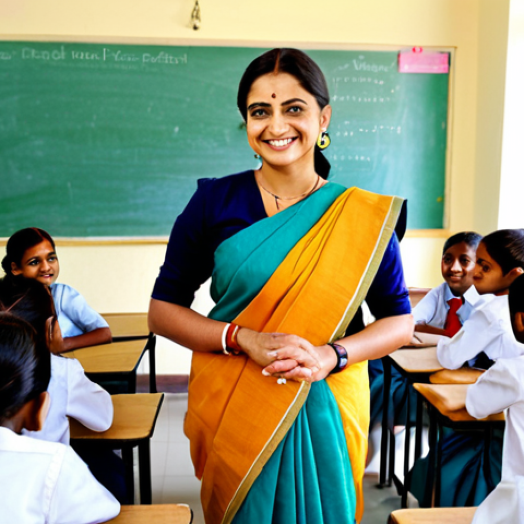 **

"A professional female teacher, fully clothed in a modest saree, standing in a bright and cheerful classroom. She is smiling warmly at a group of diverse children, who are also fully clothed in school uniforms. The background shows colorful educational posters and children's artwork. safe for work, appropriate content, family-friendly, perfect anatomy, natural proportions, well-formed hands, proper finger count, professional photography, high quality."

**