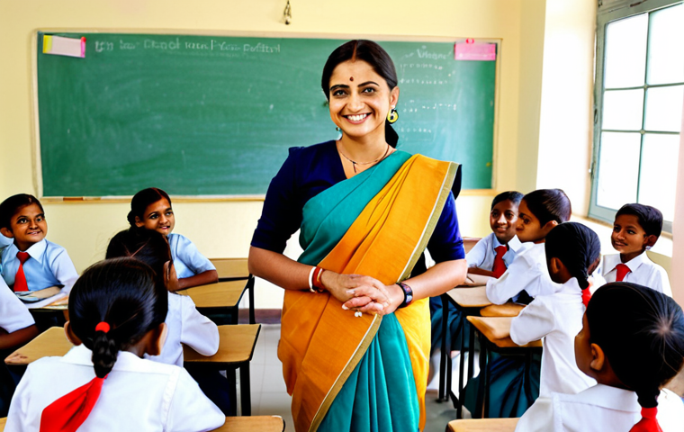 **

"A professional female teacher, fully clothed in a modest saree, standing in a bright and cheerful classroom. She is smiling warmly at a group of diverse children, who are also fully clothed in school uniforms. The background shows colorful educational posters and children's artwork. safe for work, appropriate content, family-friendly, perfect anatomy, natural proportions, well-formed hands, proper finger count, professional photography, high quality."

**
