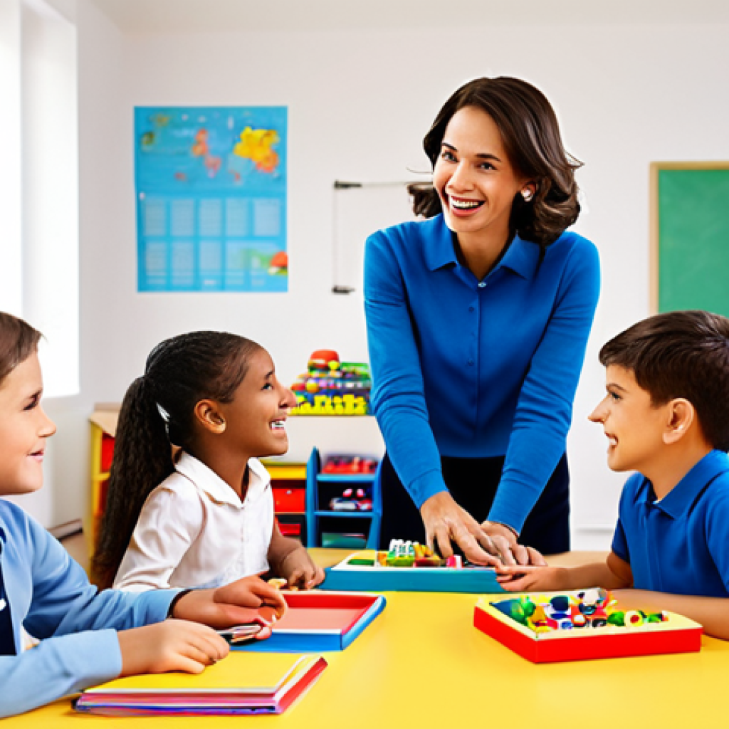 **

"A kind, professional school teacher, fully clothed in modest attire, interacting with young students in a bright, colorful classroom filled with educational toys and books, safe for work, appropriate content, perfect anatomy, natural proportions, family-friendly, high-quality render, cheerful atmosphere."

**