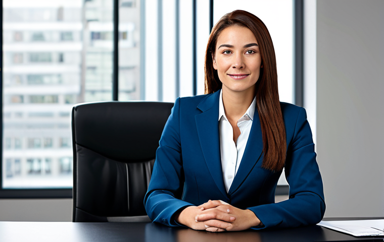 유아교육지도사 이론과 실기의 차이 - A professional businesswoman in a modest business suit, sitting at a desk in a modern office, fully ...