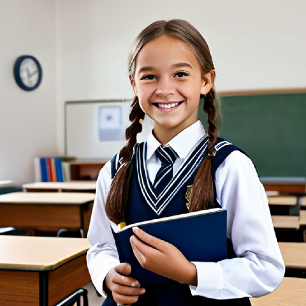 유아교육지도사 자격증 시험 후 필요한 절차 정리 - A young girl in a school uniform, smiling and holding a book in a classroom setting, fully clothed, ...