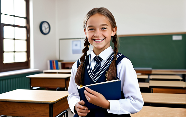 유아교육지도사 자격증 시험 후 필요한 절차 정리 - A young girl in a school uniform, smiling and holding a book in a classroom setting, fully clothed, ...