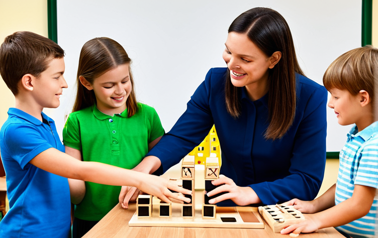 유아교육지도사로서의 강의 스킬 향상법 - **Prompt:** A dedicated teacher, fully clothed in modest attire, engaging children in a fun learning...