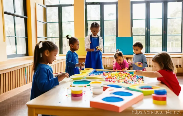 유아교육지도사로서의 평생 학습 계획 - **Prompt:** A dynamic and futuristic yet friendly early childhood classroom where a group of 5-7 yea...