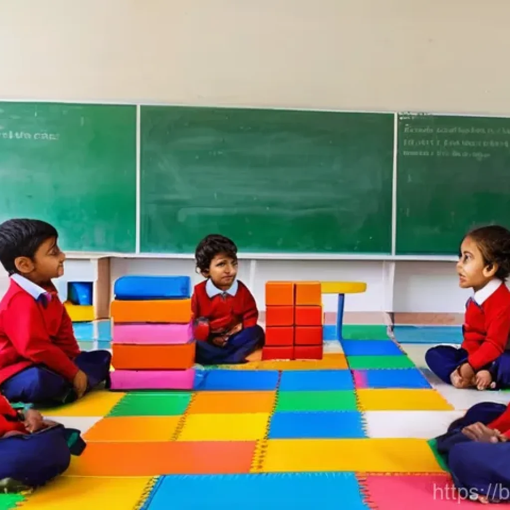 유아교육지도사 자격증 취득 이후 진로 선택 - The scene is set inside a clean, simple, and brightly colored Anganwadi (child development) center r...