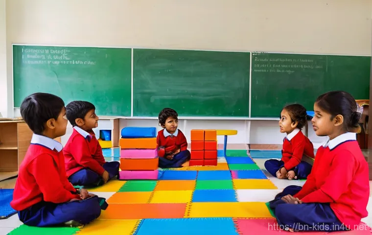 유아교육지도사 자격증 취득 이후 진로 선택 - The scene is set inside a clean, simple, and brightly colored Anganwadi (child development) center r...