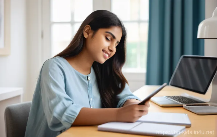 유아교육지도사 자격증 시험 준비를 위한 유용한 어플 - **Digital Planner & Interactive Learning:** A vibrant, high-angle shot of a young South Asian female...