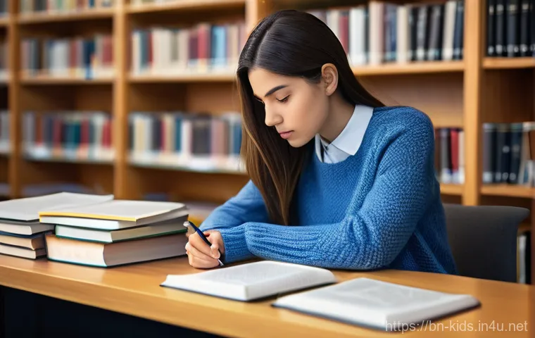유아교육지도사 관련 논문 검색법 - **Prompt: The Focused Researcher**
A highly detailed, realistic image of a female university stu...