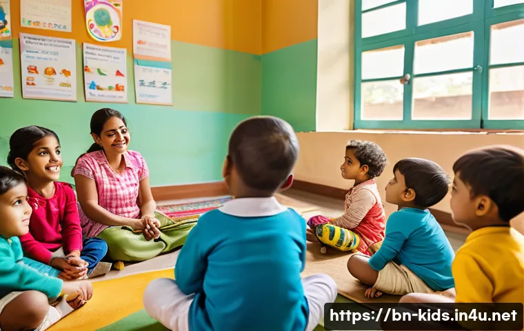유아교육지도사 자격증 시험 합격률 통계 - A detailed classroom scene showing a diverse group of young children wearing colorful clothes and di...