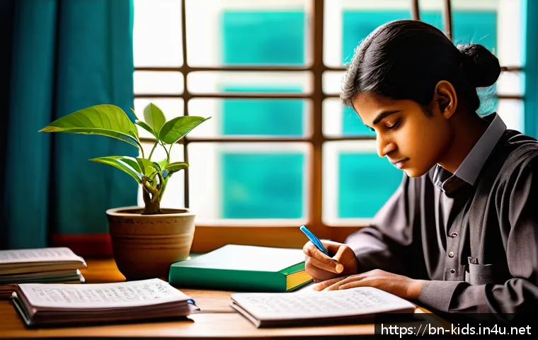 유아교육지도사 필기시험 합격 후 실기시험 준비법 - A serene study room scene featuring a young Bengali student preparing for an exam, surrounded by nea...