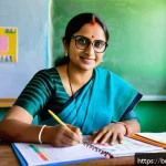 Home 22 유아교육지도사로서의 효율적인 근무 일지 작성법 - A dedicated Bengali early childhood teacher sitting at a wooden desk in a bright, colorful classroom...