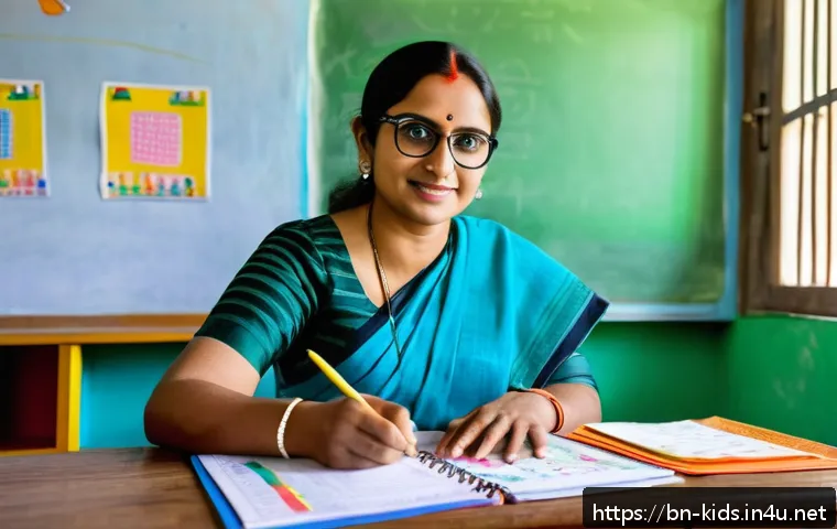유아교육지도사로서의 효율적인 근무 일지 작성법 - A dedicated Bengali early childhood teacher sitting at a wooden desk in a bright, colorful classroom...