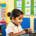 Home 21 유아교육지도사 연수 프로그램 추천 - A bright, colorful classroom scene showing a young Bengali child wearing a diaper, engaged happily w...