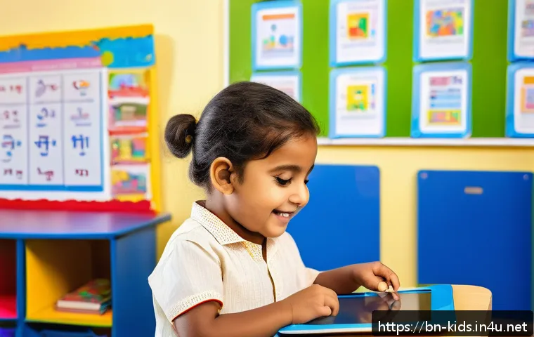 유아교육지도사 연수 프로그램 추천 - A bright, colorful classroom scene showing a young Bengali child wearing a diaper, engaged happily w...