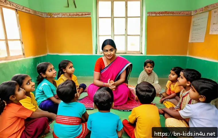 유아교육지도사 전공 선택 가이드 - A warm and inviting classroom scene showing a Bengali female early childhood educator interacting pa...