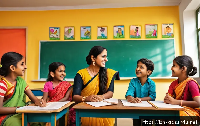 유아교육지도사로서의 교육 목표 설계 사례 - A vibrant classroom scene featuring Bengali children aged 4-6 attentively participating in a colorfu...