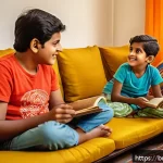 Home 23 유아교육지도사 강의 중 사용할 수 있는 스토리텔링 - A warm and colorful scene of a Bengali family storytelling session in a cozy living room, featuring ...