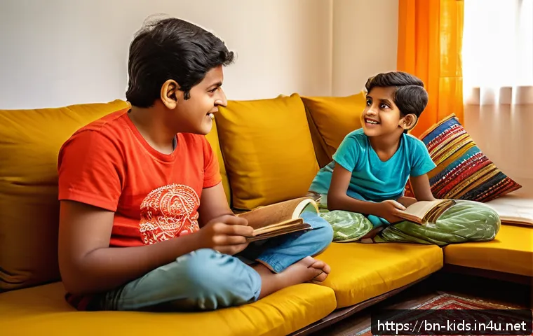 유아교육지도사 강의 중 사용할 수 있는 스토리텔링 - A warm and colorful scene of a Bengali family storytelling session in a cozy living room, featuring ...