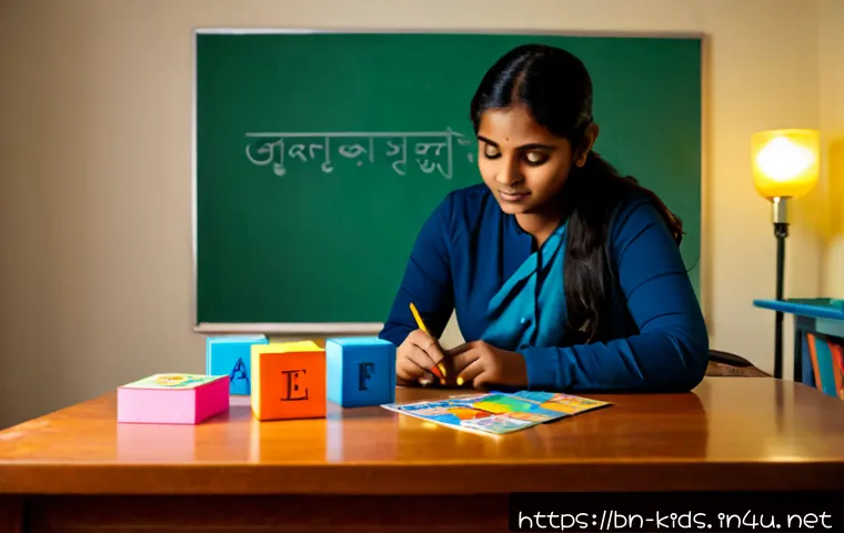 유아교육지도사 실기 시험 전날 준비 사항 - Photorealistic evening study scene of a South Asian female early childhood education trainee careful...